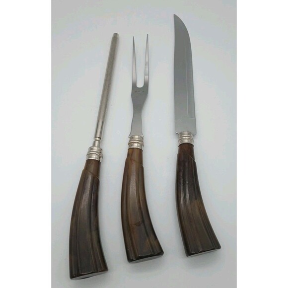 Sheffield Carving Set Bakelite Swirled Butterschotch MCM Fork Knife Sharpen Rod - Picture 1 of 10